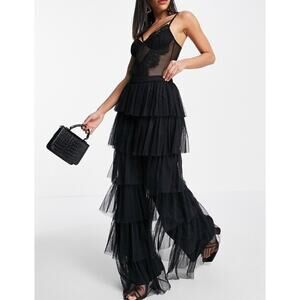 Anaya With Love Tulle Ruffle Tiered Pants Mesh Layered Wide Leg Tutu Black